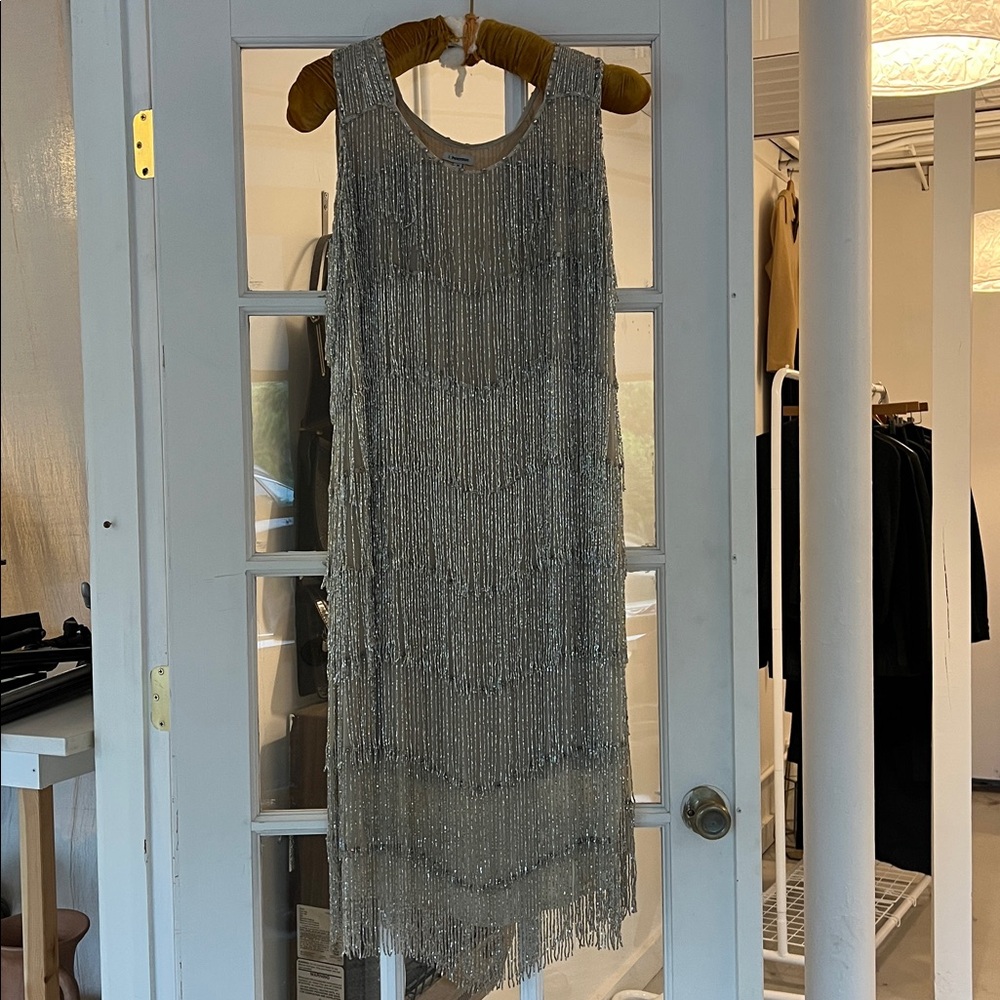 Vintage J. Peterman Silver Beaded Fringe Midi Dress - Picture 5 of 5